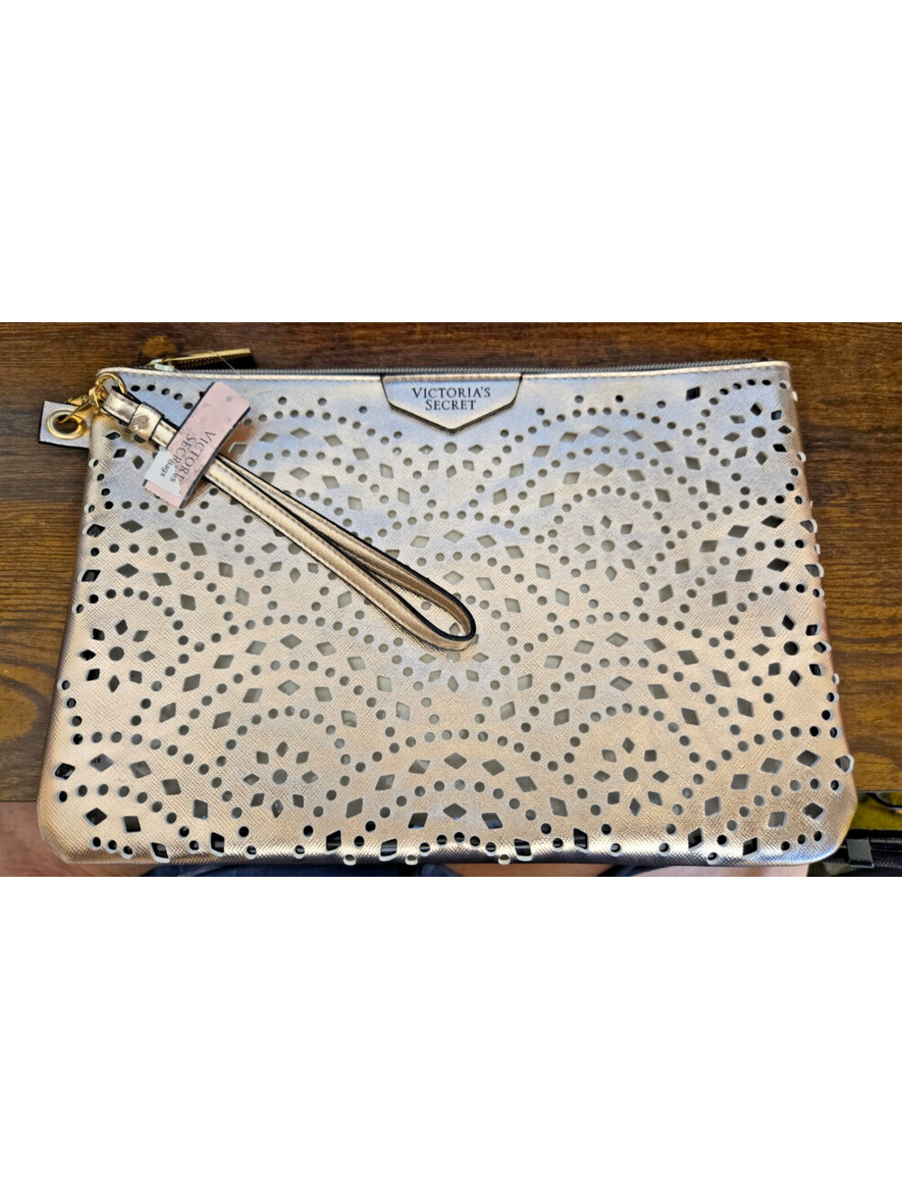 Victoria's Secret Rose Gold Laser Cut Pouch Wristlet Clutch Purse Bag, NEW NWT